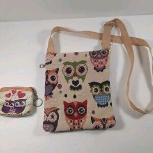 Owl Tapestry Crossbody Bag Purse Messenger Handbag Three-Zip + Owl Coin Purse